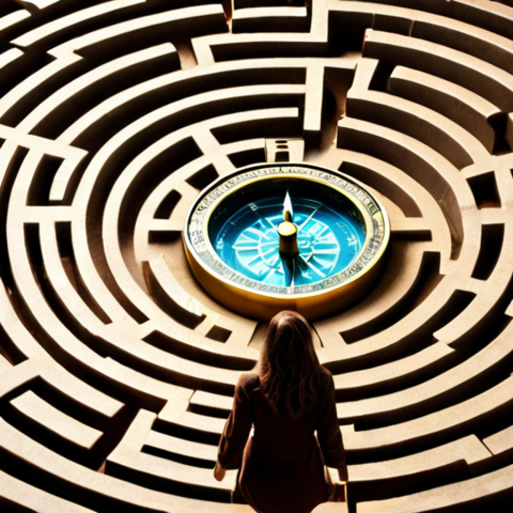 **A woman navigating a maze, symbolizing life's challenges, with a bright compass pointing the way.** (Focus: Overcoming life's difficulties with inner guidance.)