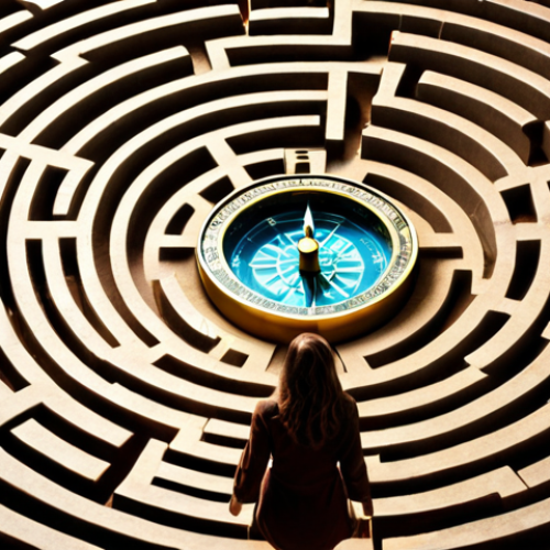 Home 4 **A woman navigating a maze, symbolizing life's challenges, with a bright compass pointing the way.** (Focus: Overcoming life's difficulties with inner guidance.)